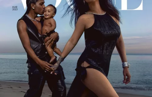 Rihanna posa com o filho e A$AP Rocky para a Vogue britânica